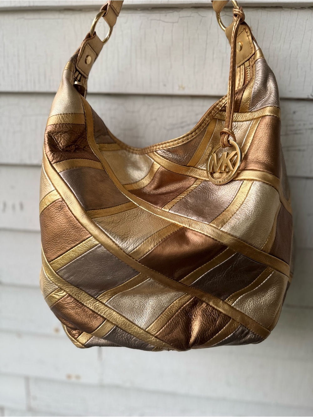 Michael Kors Hobo Metallic Patchwork Shoulder Bag in Gold and Bronze Tones